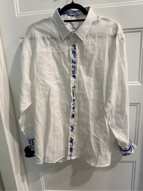 Blue Positano Tops - White Italian 100% Linen Button-Down Shirt with Blue Pattern